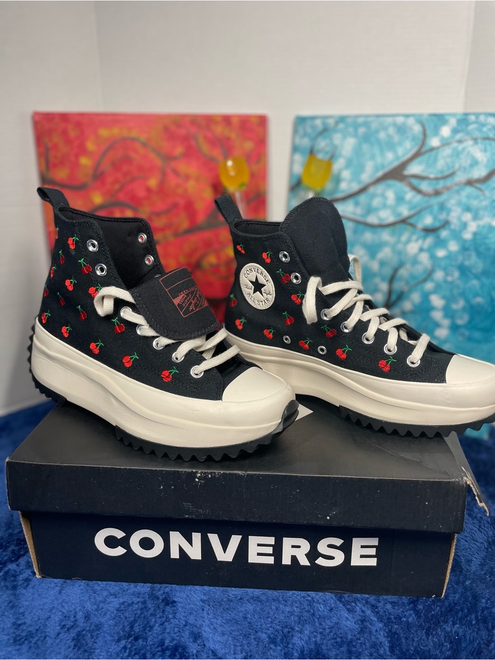 Converse women’s Black High-Top Sneakers size 8.5 with Red Cherry Embroidery.